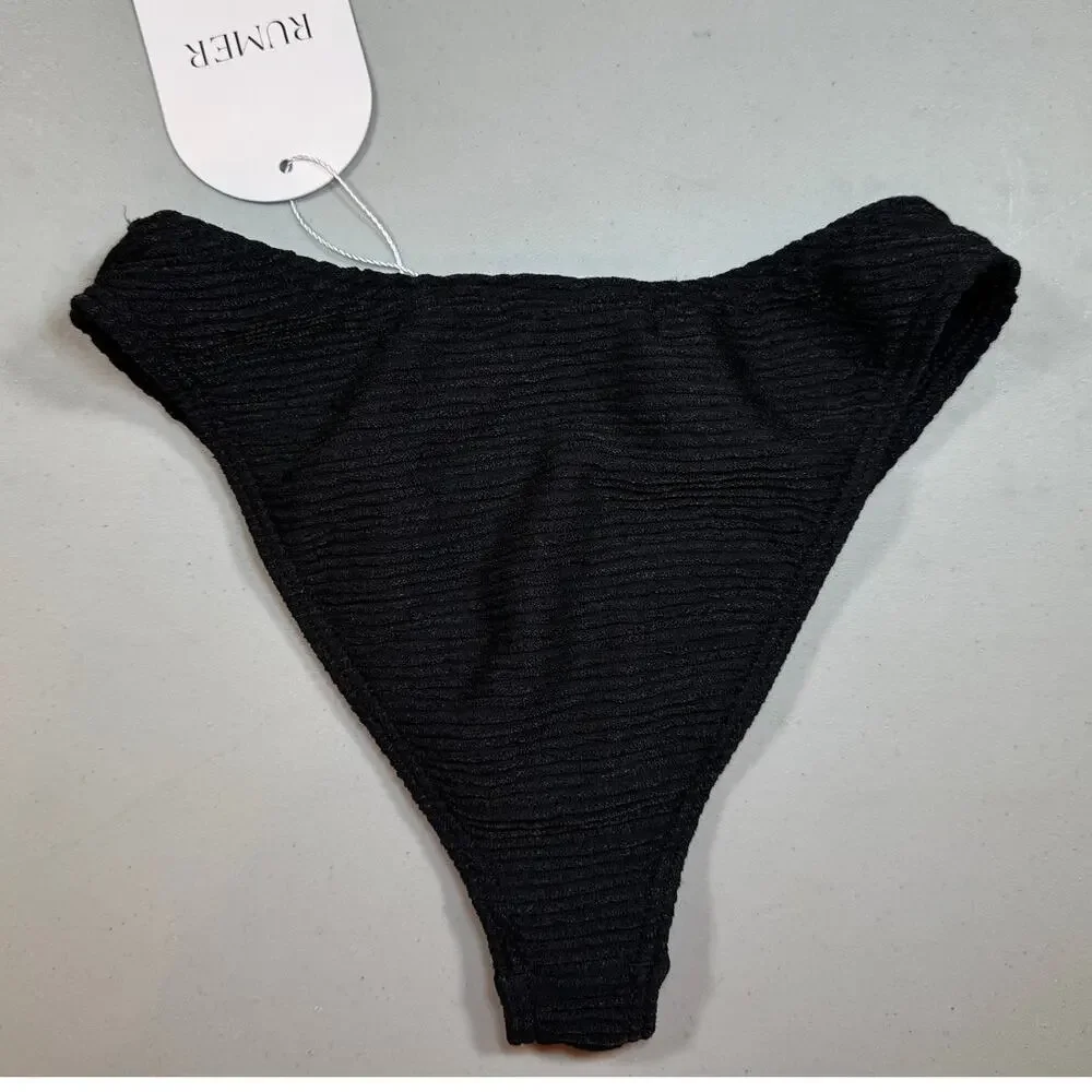 RUMER The Label Black Ribbed Bikini Bottom XS Cheeky High Cut Swimwear NWT - Picture 2 of 5